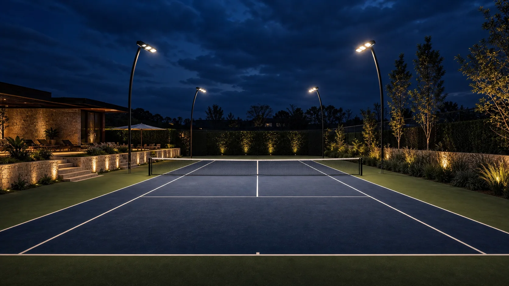 Cancha de tenis azul iluminada de noche