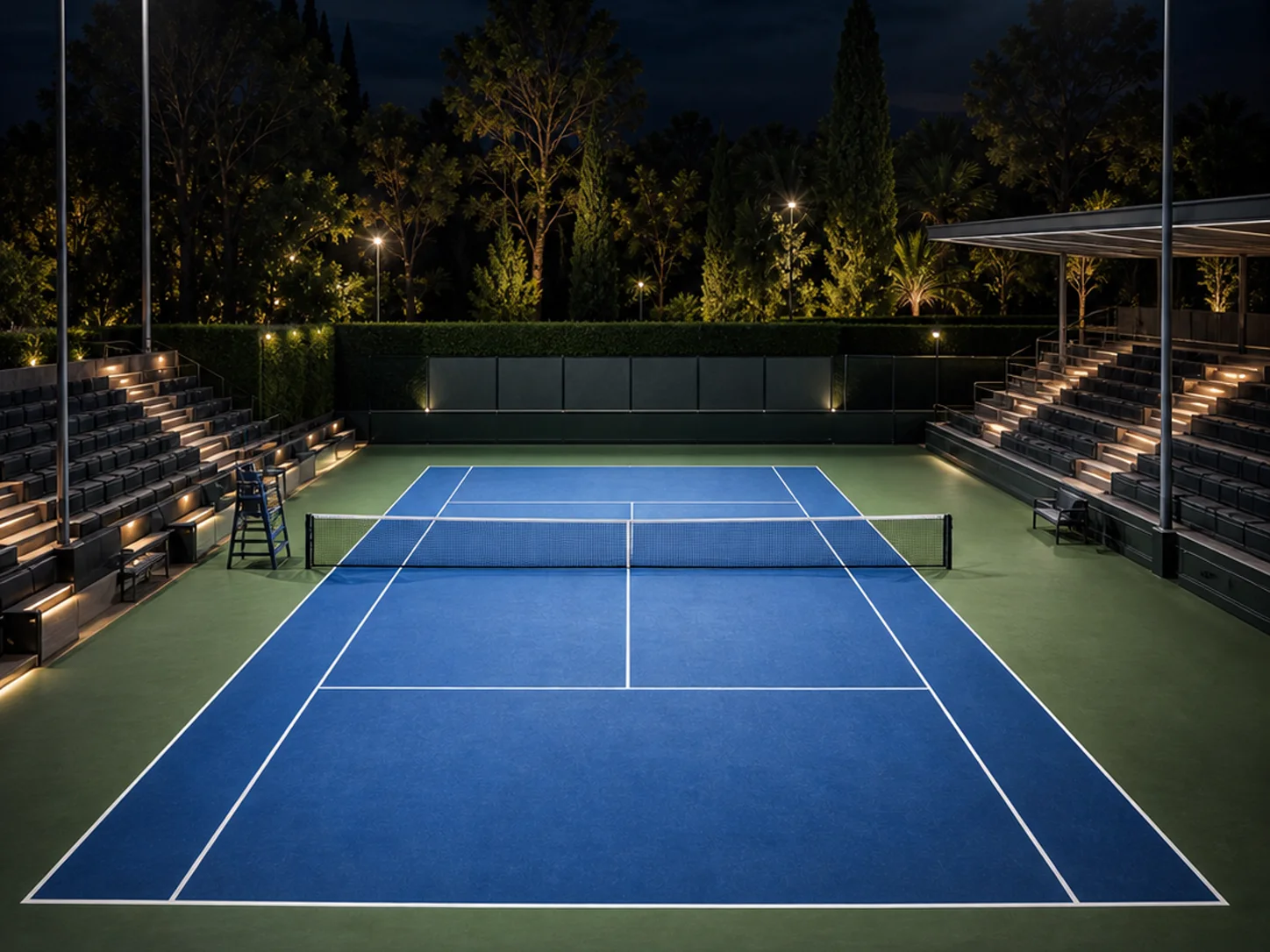 Cancha de tenis de noche con gradas e iluminacion