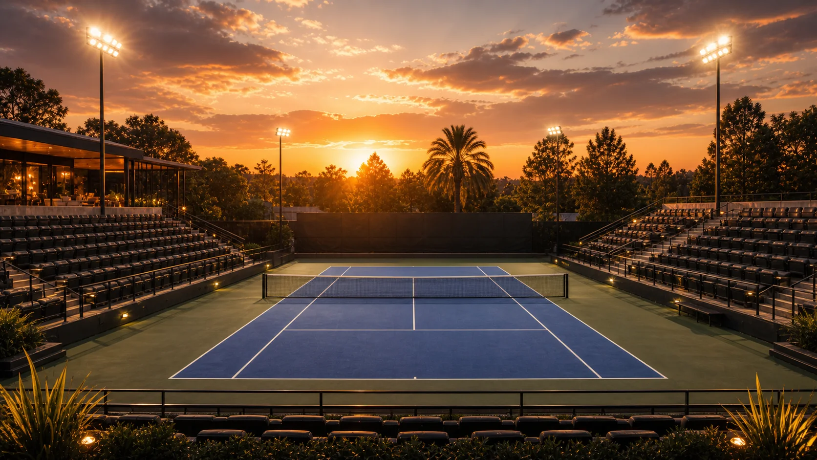 Cancha de tenis azul preparada para competencia al atardecer